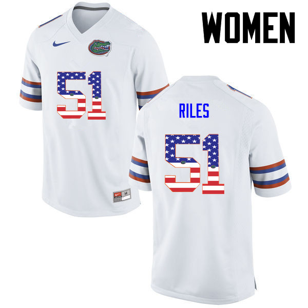 Women Florida Gators #51 Antonio Riles College Football USA Flag Fashion Jerseys-White - Click Image to Close